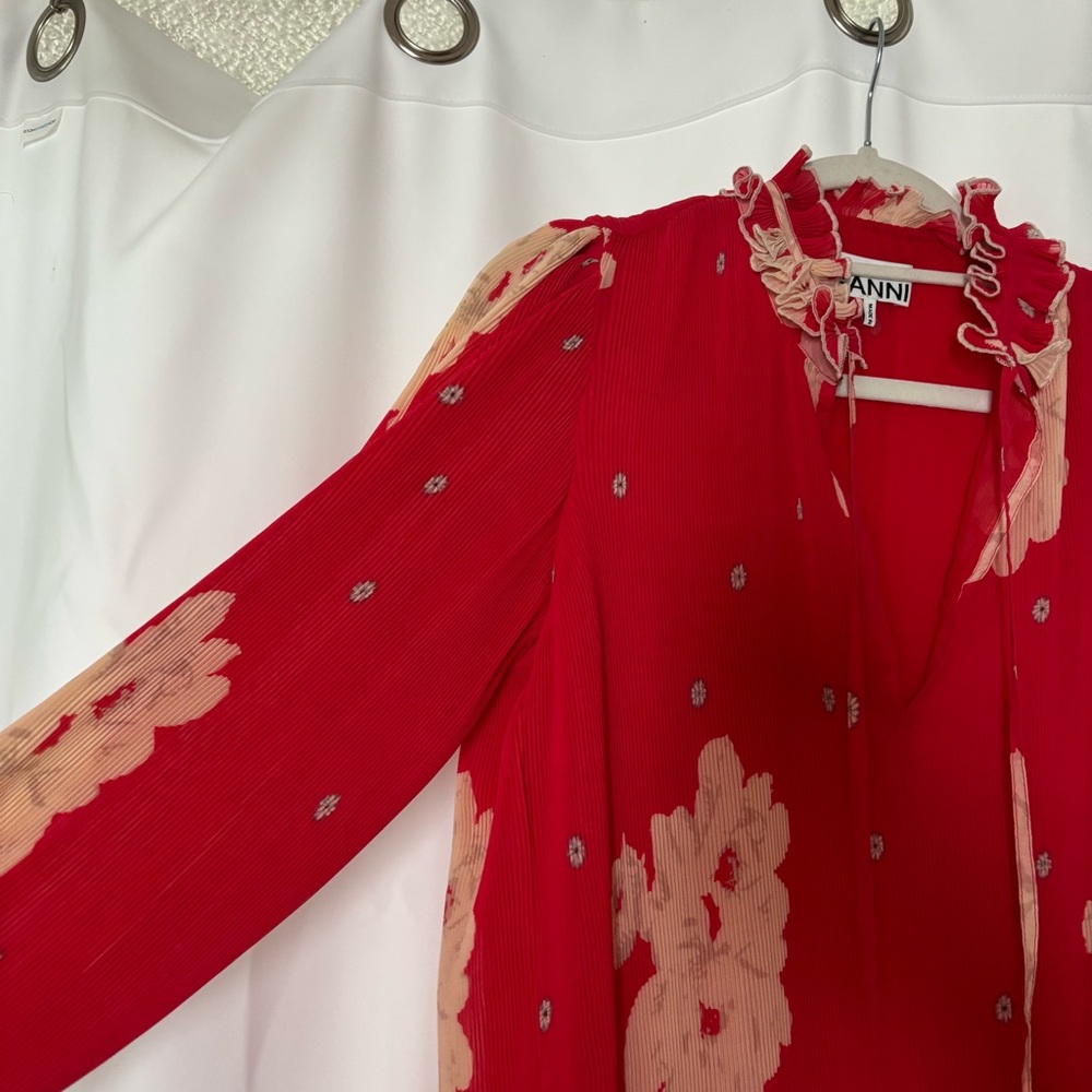 Ganni Red Tie Front Georgette Mini Dress Lollipop - Picture 5 of 8